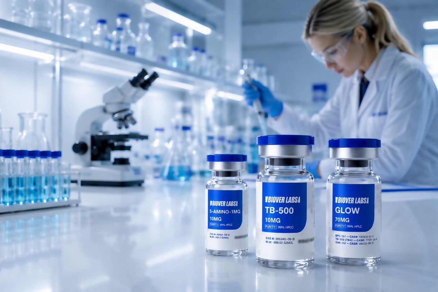 Técnica da BioverLabs pipetando na bancada, com frascos identificados por lote em primeiro plano